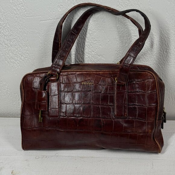 Fossil Croc Embossed Leather Satchel Brown Structured Shoulder Bag - Picture 1 of 16